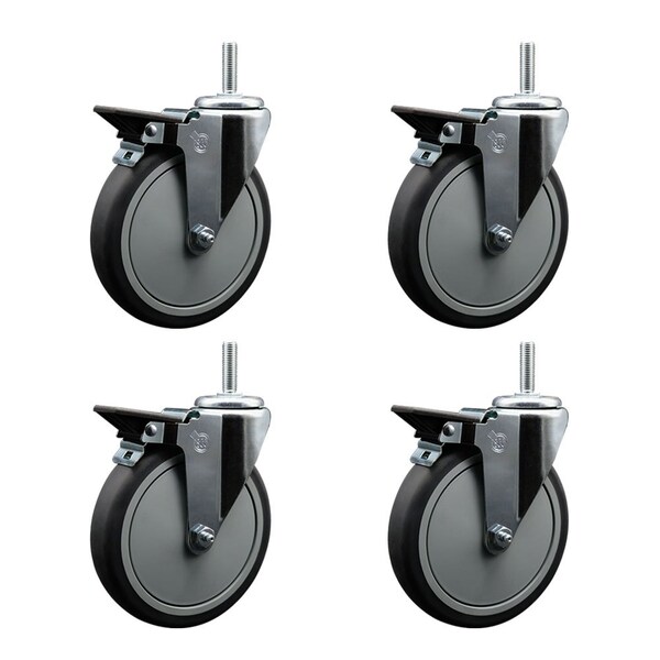 6 Inch Thermoplastic  Rubber Wheel Swivel 58 Inch Threaded Stem Caster Set with Brake SCC